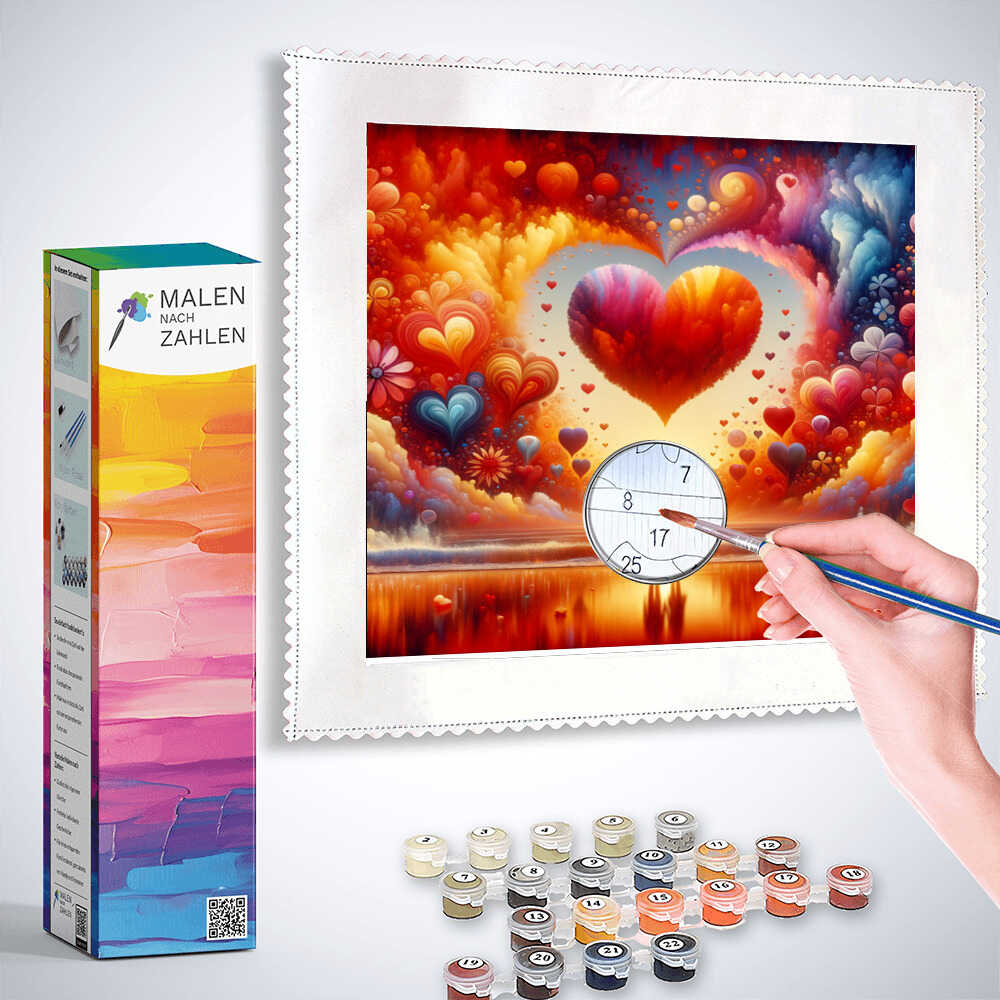 Painting by numbers kit "Herzensglut" showing vibrant heart design with paintbrush, canvas, and paint pots for a relaxing art activity