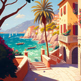 Malen nach Zahlen - Italienische Träume Wandmotiv eines sonnigen Küstenortes mit Palmen, Booten und mediterraner Architektur