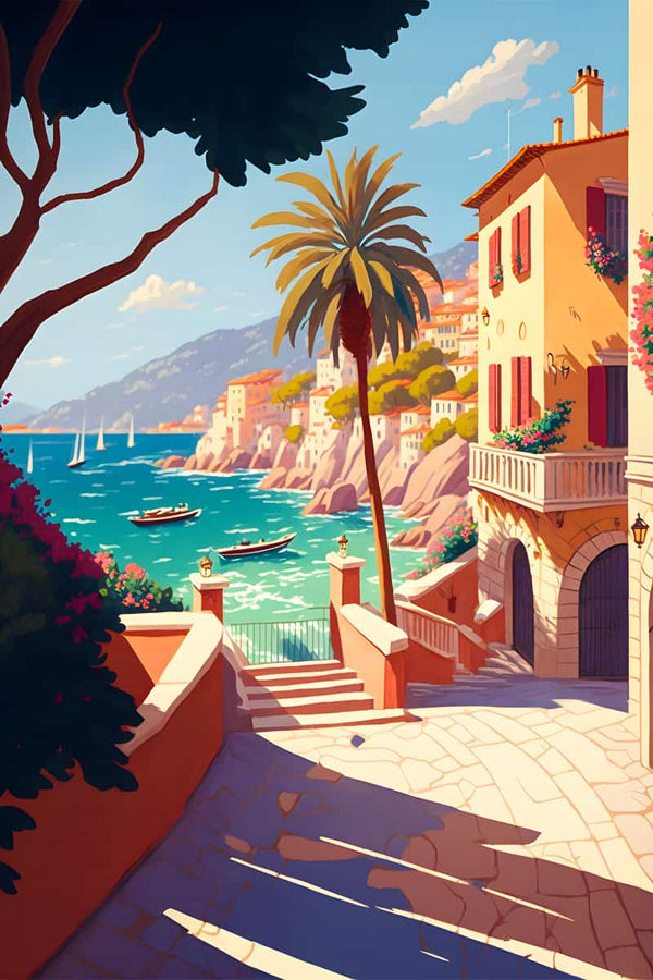 Malen nach Zahlen - Italienische Träume Wandmotiv eines sonnigen Küstenortes mit Palmen, Booten und mediterraner Architektur