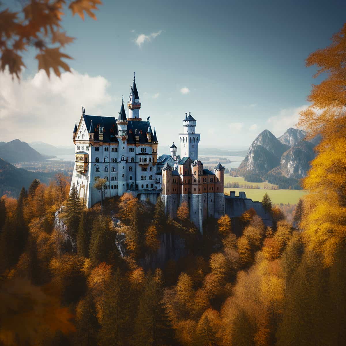 Neuschwanstein Castle surrounded by autumn foliage and mountains under a clear sky.