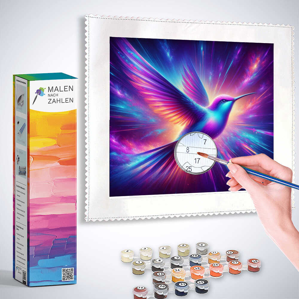 Guided diamond painting kit featuring a vibrant hummingbird in colorful purples and blues with a hand holding a brush ready to paint.