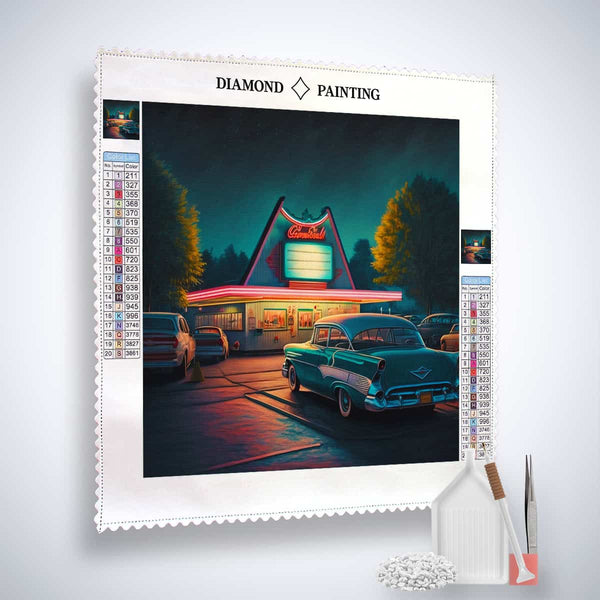 Diamond Painting Kit - 50er Jahre Charme und Benzingeruch - Vintage Auto und Retro Tankstelle Motiv - Kunst, die funkelt