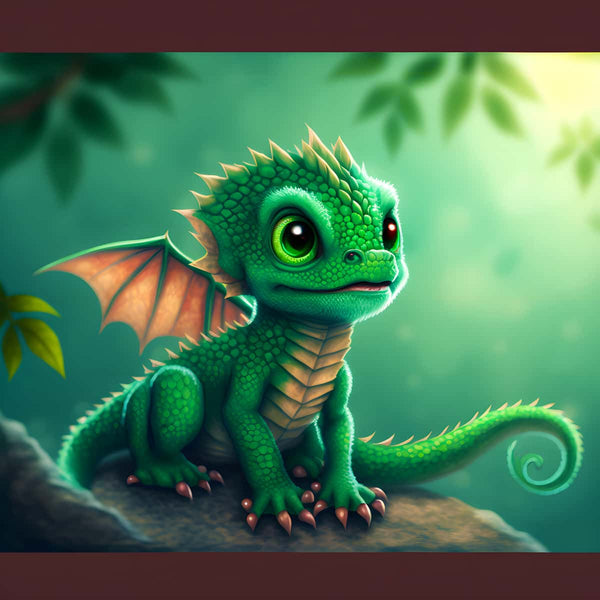 Grüner Drache Diamond Painting Kit – Niedlicher Baby-Drache im Wald, ideal für funkelnde Kunstwerke.