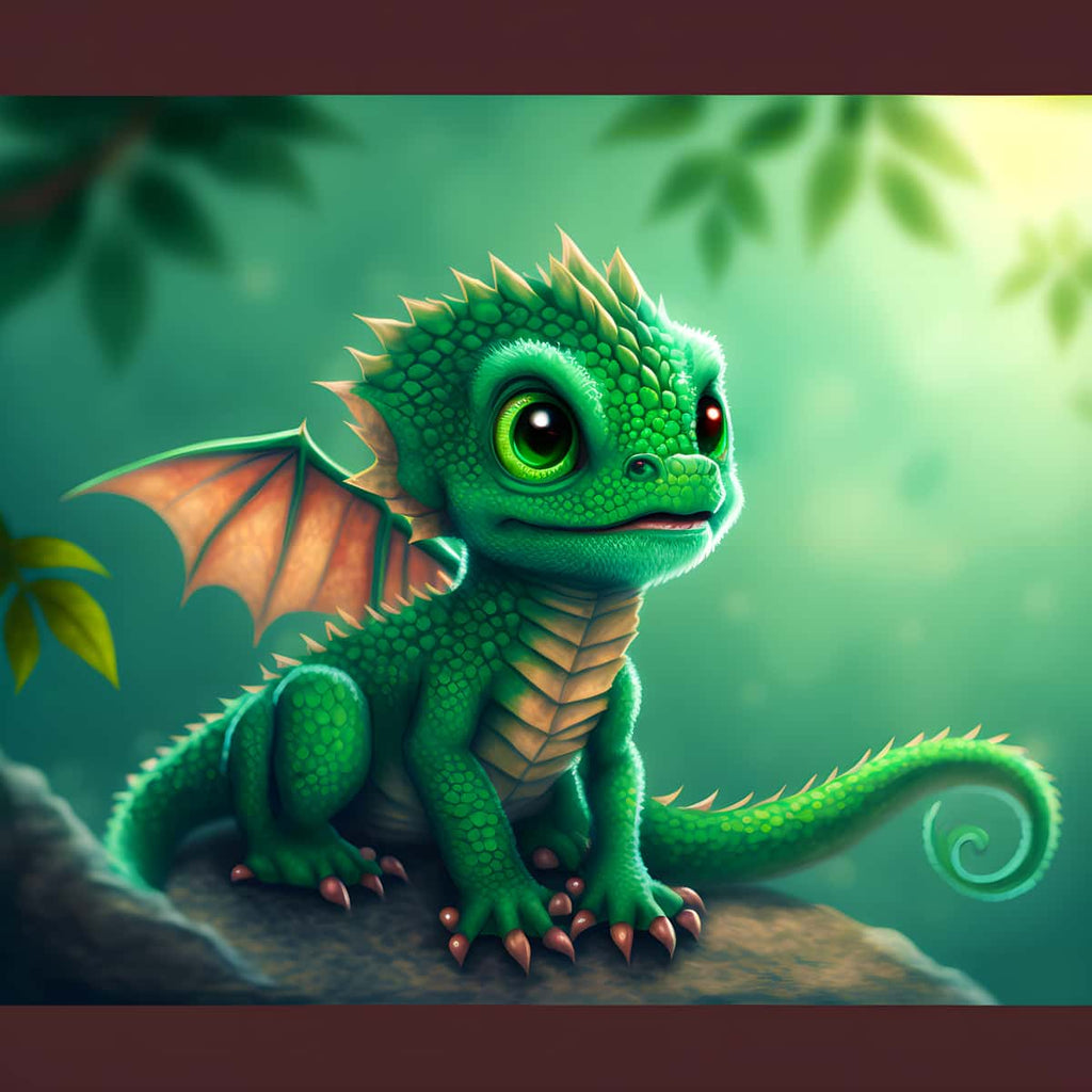 Grüner Drache Diamond Painting Kit – Niedlicher Baby-Drache im Wald, ideal für funkelnde Kunstwerke.