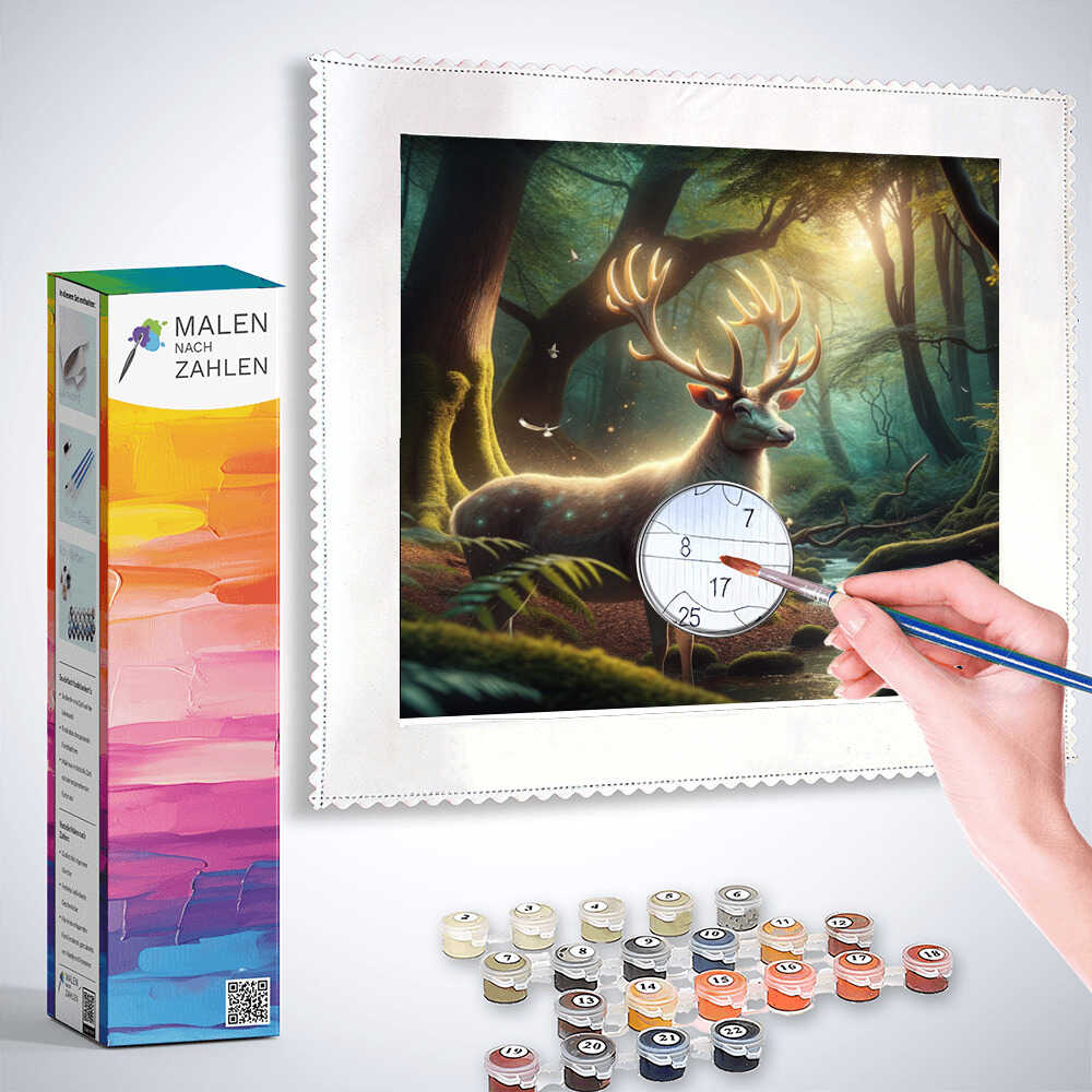 Painting by numbers kit featuring a magical forest scene with a deer, paintbrush in hand, and paint pots for Malen nach Zahlen Waldzauber.