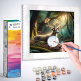 Painting by numbers kit featuring a magical forest scene with a deer, paintbrush in hand, and paint pots for Malen nach Zahlen Waldzauber.