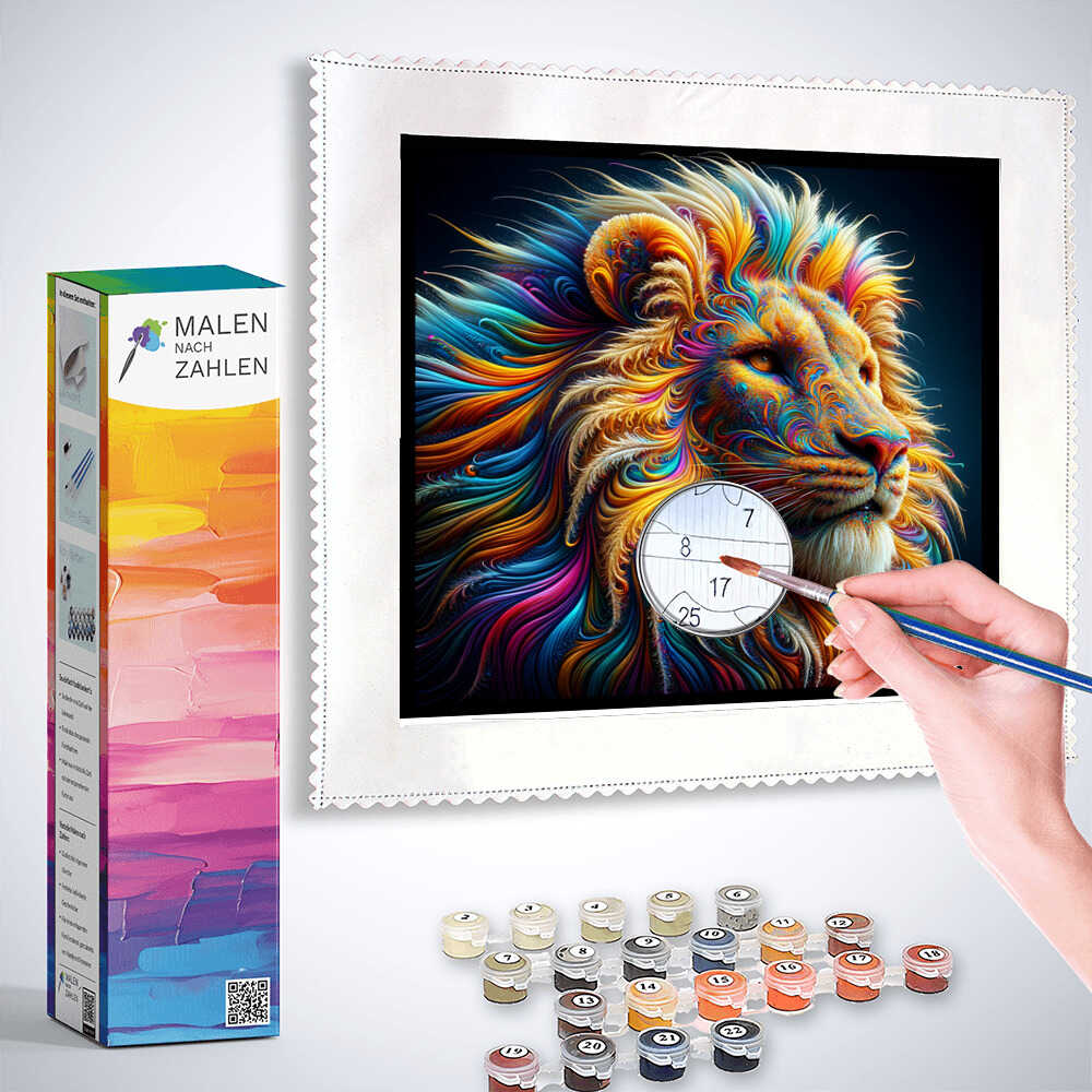 Person creating a vibrant lion painting with Malen nach Zahlen kit, featuring swirling colors of blue, orange, and gold.