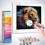 Person creating a vibrant lion painting with Malen nach Zahlen kit, featuring swirling colors of blue, orange, and gold.