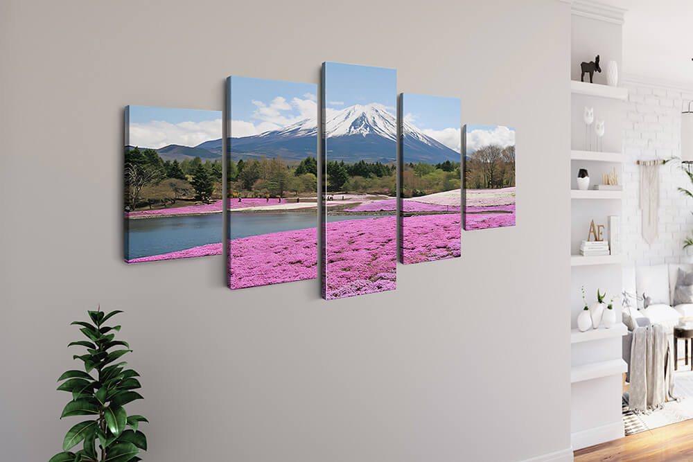 Malen nach Zahlen 5 teilig - Pinke Blumen vor Vulkan und Wald - hochwertige Leinwand - multi5, neue_bilder