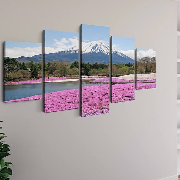 Malen nach Zahlen 5 teilig - Pinke Blumen vor Vulkan und Wald - hochwertige Leinwand - multi5, neue_bilder