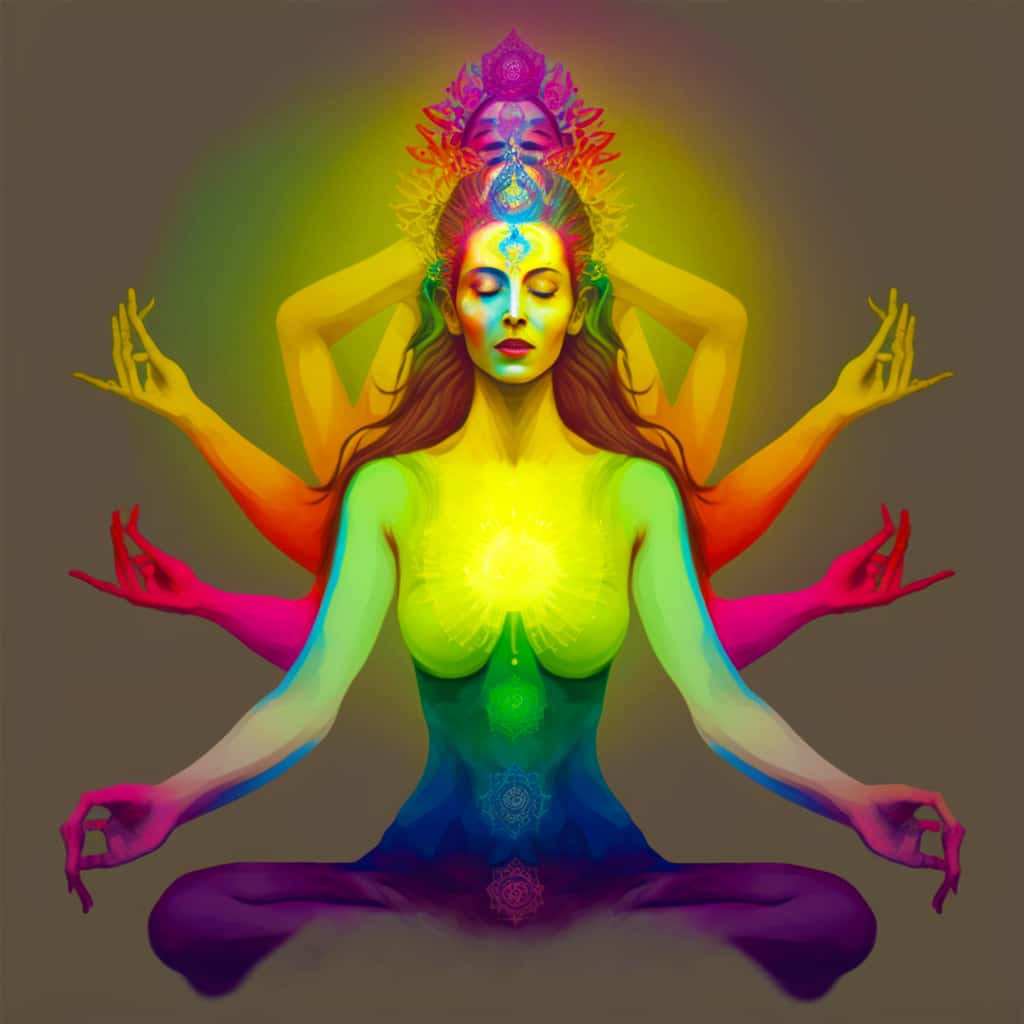 Vibrant Buddha Grün diamond painting with colorful meditative figure and glowing aura