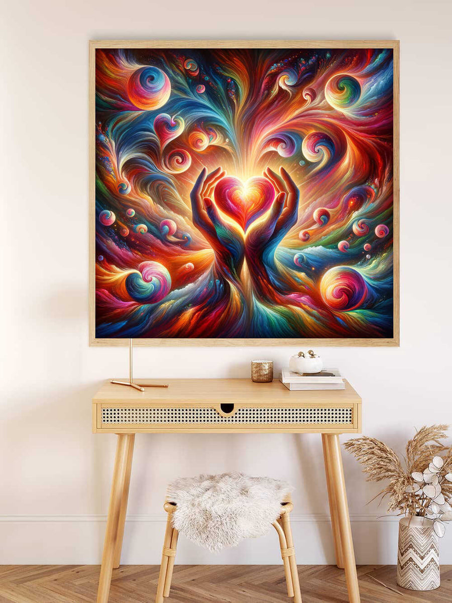 Colorful "Malen nach Zahlen" painting with swirling hearts, framed and displayed above a wooden desk with decoration.