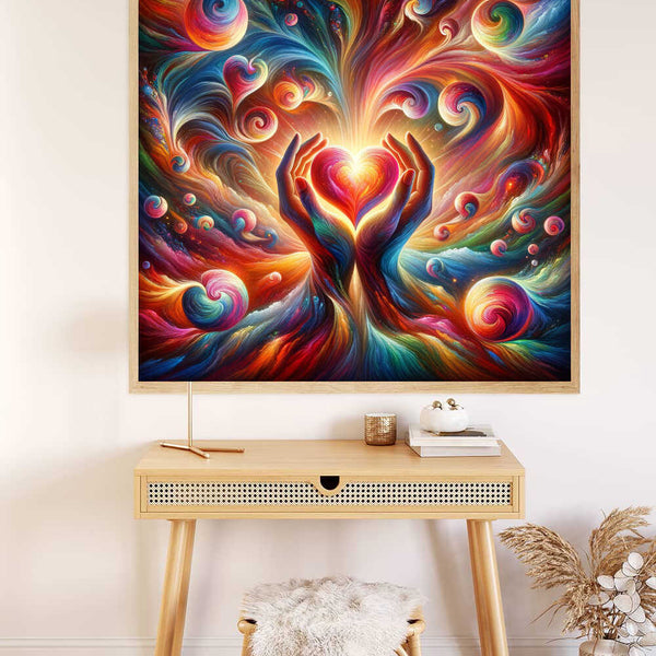 Colorful "Malen nach Zahlen" painting with swirling hearts, framed and displayed above a wooden desk with decoration.