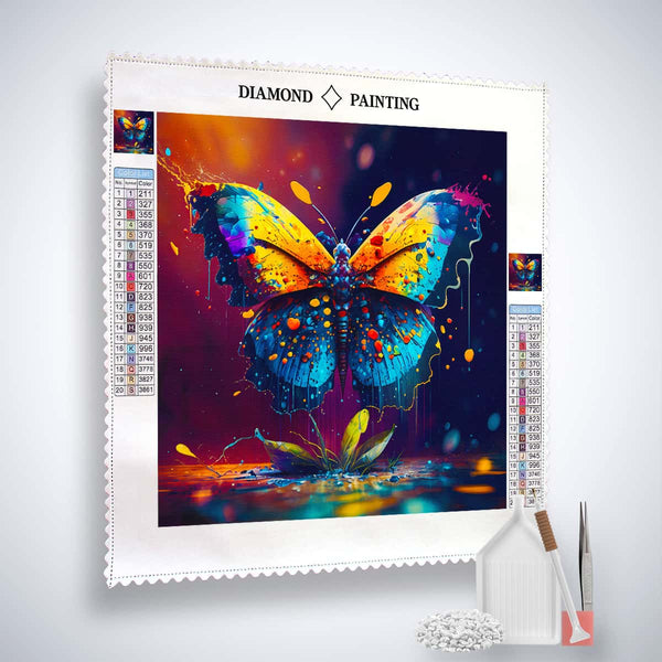 Diamond painting kit with colorful butterfly on water motif, featuring vibrant acrylic diamonds, professional canvas, tools, and accessories.