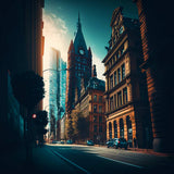 Diamond Painting Kits – Hamburg Straße cityscape, featuring historic and modern architecture illuminated by sunlight.