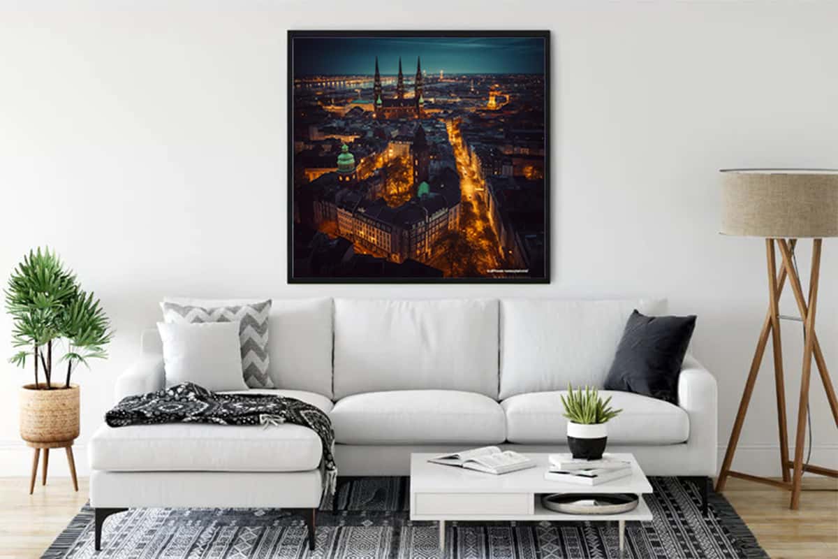 "Malen nach Zahlen - Hamburg bei Nacht Wandkunst in modernem Wohnzimmer"