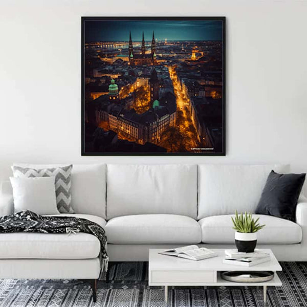 "Malen nach Zahlen - Hamburg bei Nacht Wandkunst in modernem Wohnzimmer"