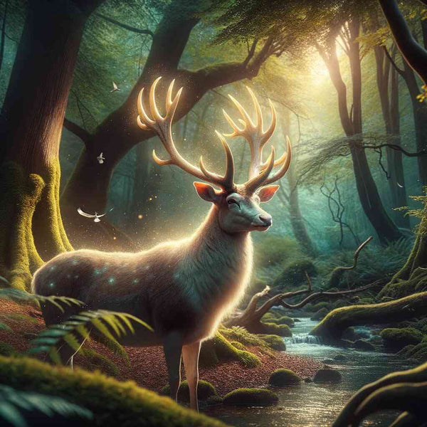 Majestic deer with glowing antlers in a magical forest, illuminated by sunlight among green trees and a flowing stream, evoking tranquility.