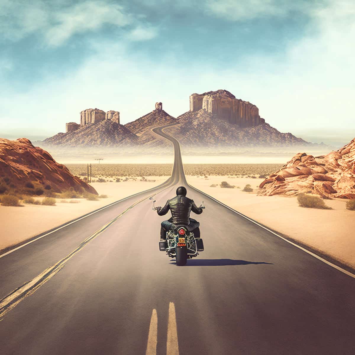 Biker riding a motorcycle down a deserted highway towards a distant mountain range under a clear blue sky.