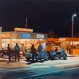 People gathering at a vintage diner with classic cars and motorcycles under a night sky, creating a nostalgic retro atmosphere