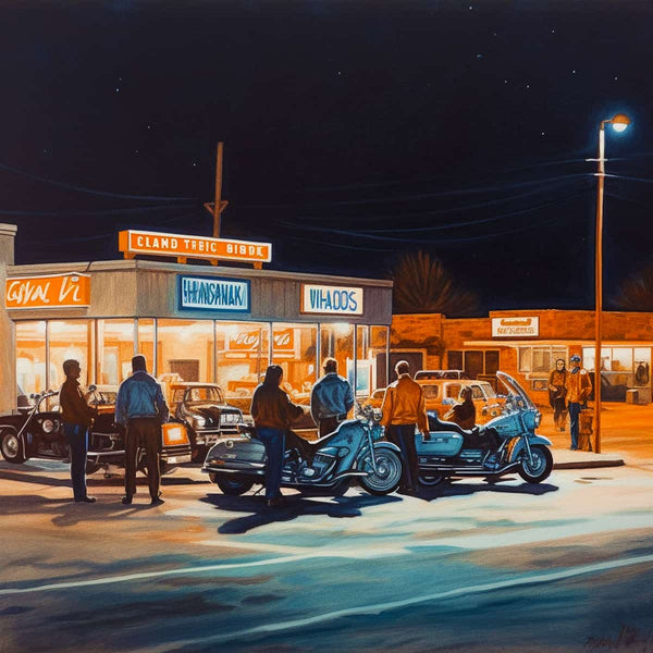 People gathering at a vintage diner with classic cars and motorcycles under a night sky, creating a nostalgic retro atmosphere