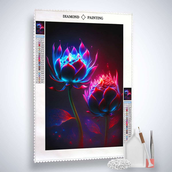 Diamond Painting Kit - Blumenköpfe bei Nacht, inklusive Profi-Leinwand, Acryl Diamonds, Künstler-Pinzette und Setzstift