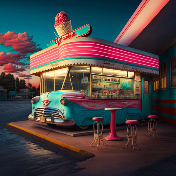 Retro diner with vintage car and neon lights at sunset, highlighting historical gas pumps and a classic automotive theme.
