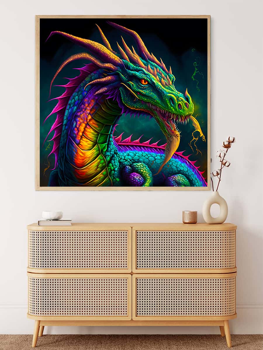 Vibrant "Malen nach Zahlen" artwork featuring a colorful Japanese dragon framed on a wall above a modern wooden dresser