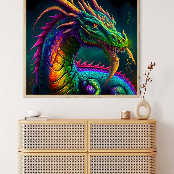 Vibrant "Malen nach Zahlen" artwork featuring a colorful Japanese dragon framed on a wall above a modern wooden dresser