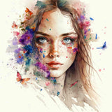Watercolor portrait of a woman with butterflies and flowers, showcasing vibrant colors and an elegant expression.