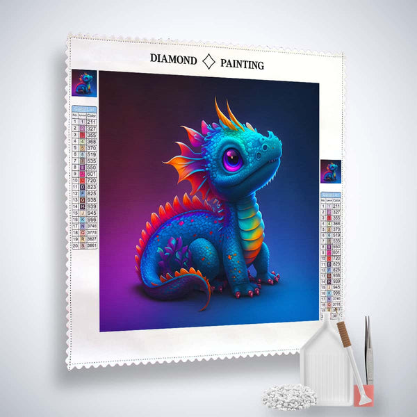 Diamond Painting Kit - Neugieriger Drache with color chart, acrylic diamonds, and tools.