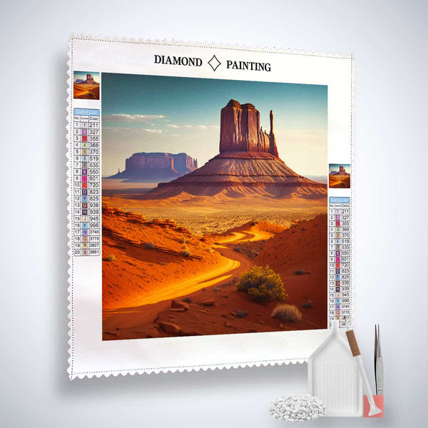 Diamond Painting Kit featuring a southwest desert landscape with acrylic diamonds, tweezers, and setting tools.