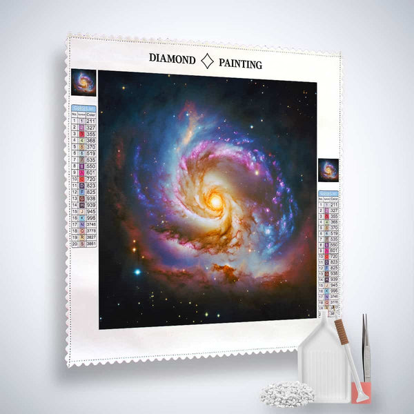 Diamond Painting Kit - Sternenklare Nacht mit Leinwand und Acryl Diamonds, inklusive Setzstift und Pinzette, Kunstwerk eines spiralförmigen Nebels.