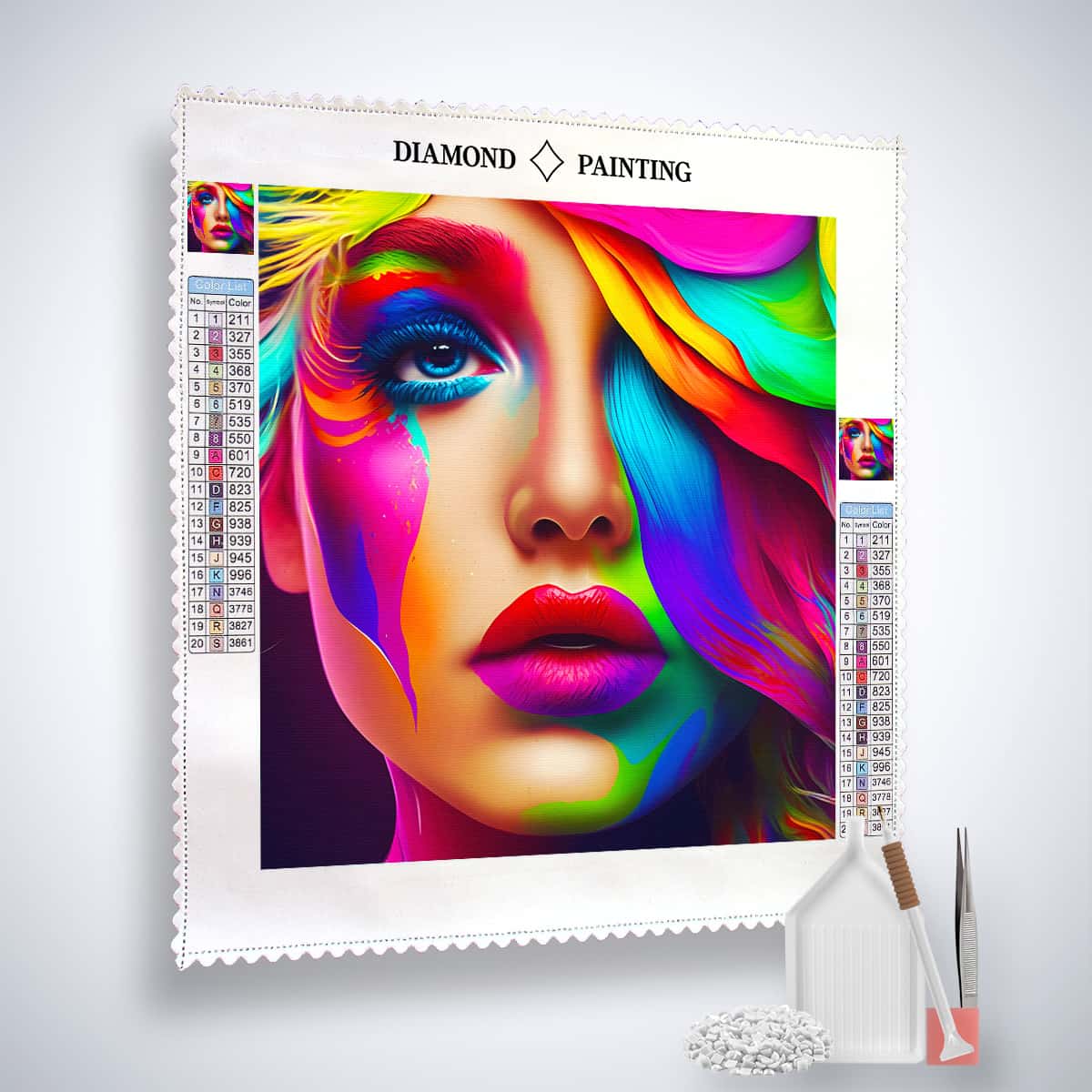 AB Diamond Painting - Farbverlauf Frau mit buntem Gesicht und Profi-Leinwand, veredelte Acryl Diamonds, Pinzette, Setzstift und Flächensetzer