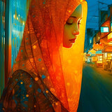 AB Diamond Painting - Frau in Orange. Kunstvolles Motiv von Frau mit Schleier in belebter Straße, aufgenommen in brillanten Farben und funkelnden Details.