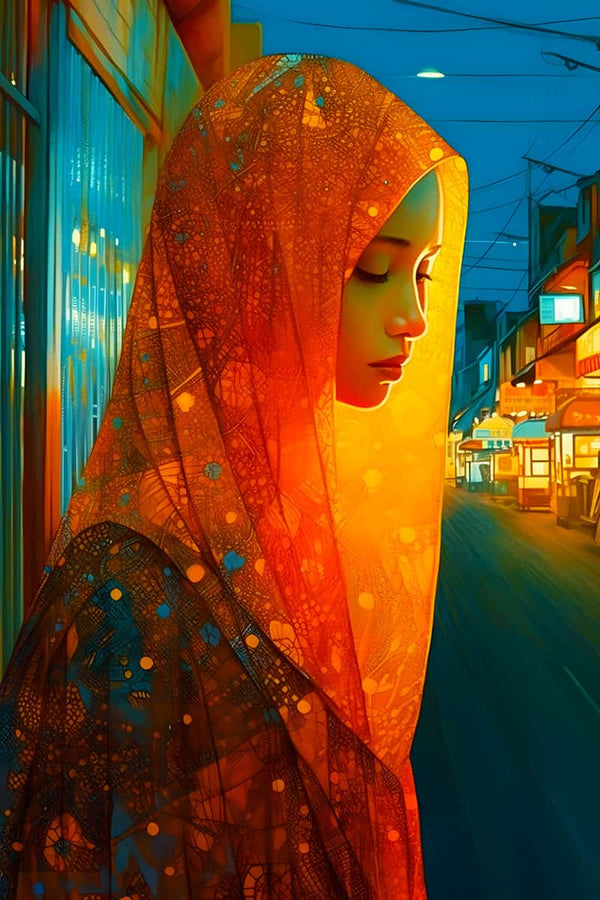 AB Diamond Painting - Frau in Orange. Kunstvolles Motiv von Frau mit Schleier in belebter Straße, aufgenommen in brillanten Farben und funkelnden Details.