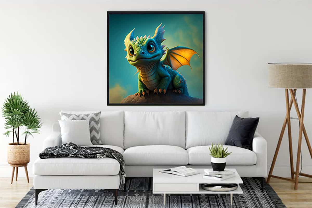 Living room with a white sofa featuring a framed painting of a cute green dragon with yellow wings on the wall.