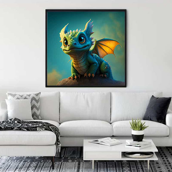Living room with a white sofa featuring a framed painting of a cute green dragon with yellow wings on the wall.