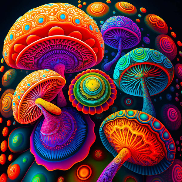 Bunte abstrakte Malen nach Zahlen Zauberpilze, farbenfrohes psychedelisches Pilzdesign