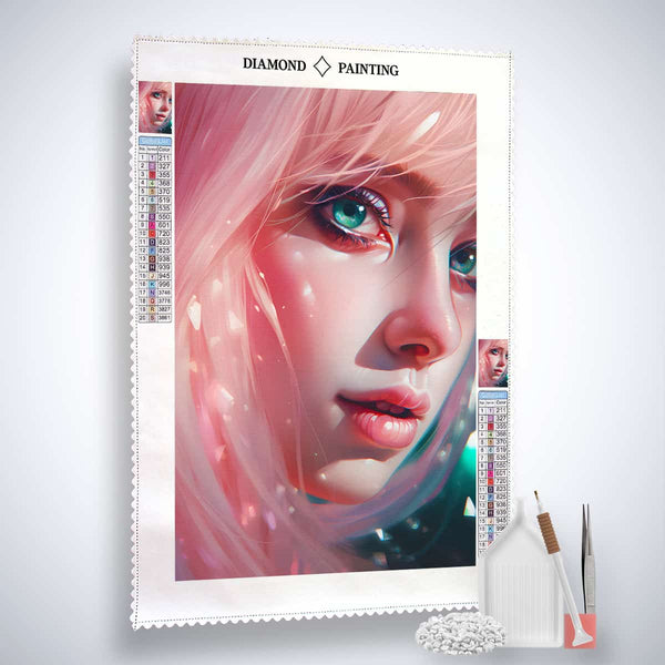 AB Diamond Painting - Pinke Miro Set featuring a glittering portrait on professional canvas with acrylic diamonds, tweezers, and application pen