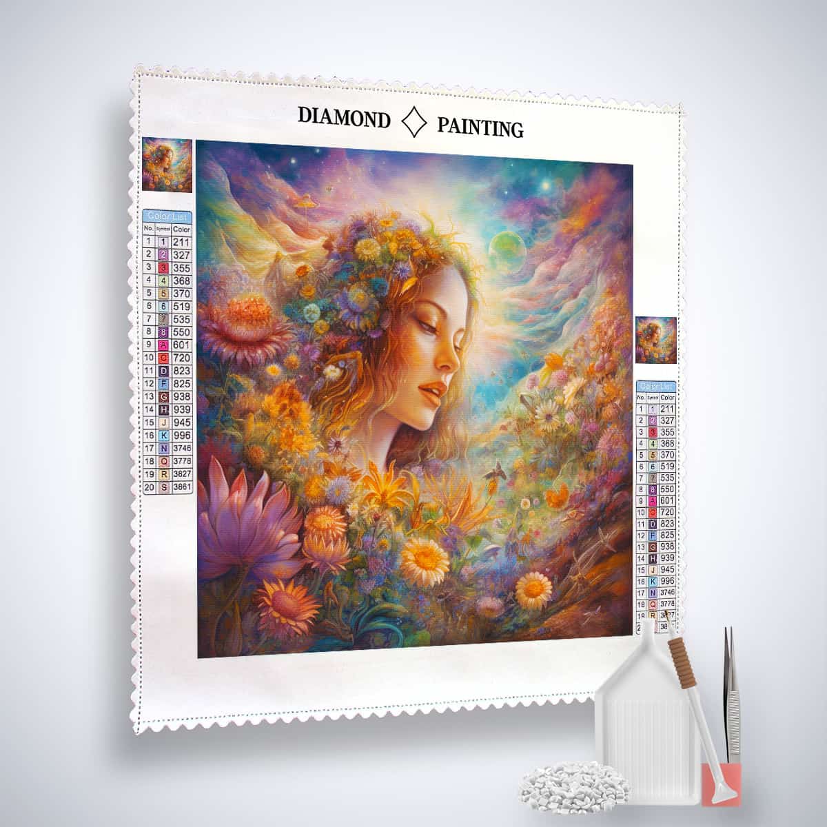Diamond Painting - Blumenmädchen im Garten Kit with acrylic diamonds, professional canvas, tweezers, and setzstift showing a floral artwork