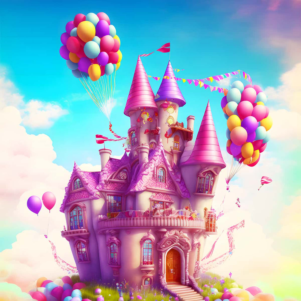 Märchenschloss mit bunten Luftballons am Himmel, AB-Diamantmalerei Kunstwerk. Fascinierend und funkelndes kreatives Hobby.