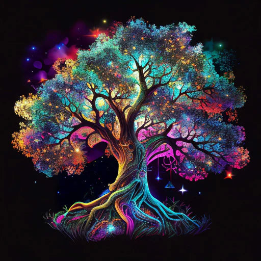 Vibrant Lebensbaum diamond painting kit featuring a colorful, sparkling tree on a professional canvas with acrylic diamonds.