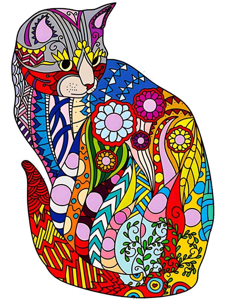 Buntes Holzpuzzle einer Katze mit Blumenmuster, lasergestanzt, umweltfreundlich und aus Holz, perfekt als Geschenk.
