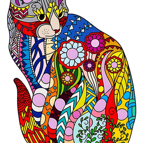 Buntes Holzpuzzle einer Katze mit Blumenmuster, lasergestanzt, umweltfreundlich und aus Holz, perfekt als Geschenk.