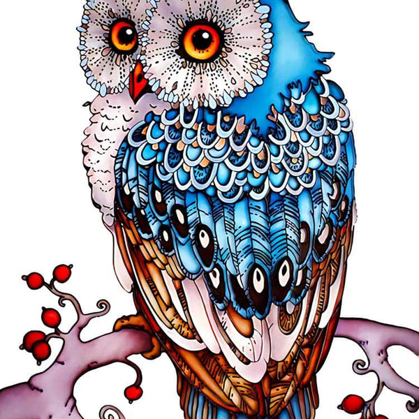 Colorful wooden owl puzzle piece perched on a tree branch with intricate laser-cut designs.