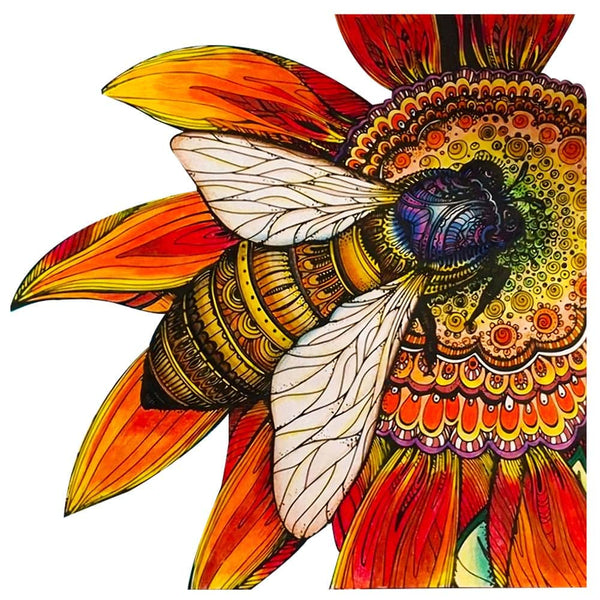 Holzpuzzle Biene lasergestanzt, detailreiches Design auf einer bunten Sonnenblume, umweltfreundliches Geschenk, nachhaltiges Holzspielzeug