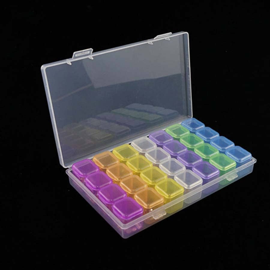 Transparent Diamond Painting Aufbewahrungsbox mit farbenfrohen Fächern zur Organisation von Diamanten auf schwarzem Hintergrund