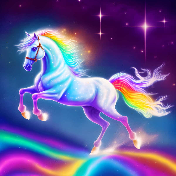 Malen nach Zahlen Einhorn auf Regenbogen bei Nacht mit leuchtenden Farben und funkelnden Sternen im Hintergrund.