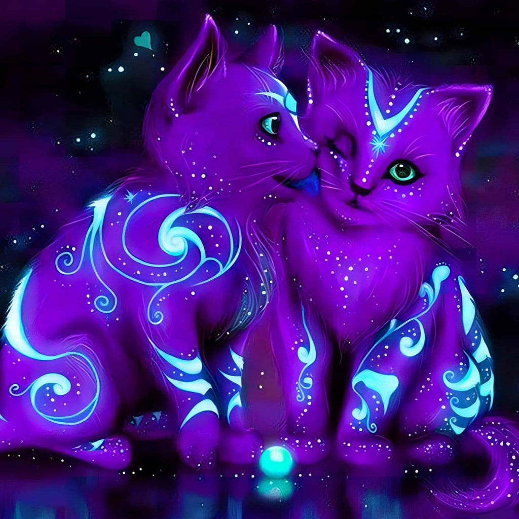 Malen nach Zahlen - Lila leuchtende Katzen - hochwertige Leinwand - katzen, kinder, neue_bilder, quadratisch, tiere
